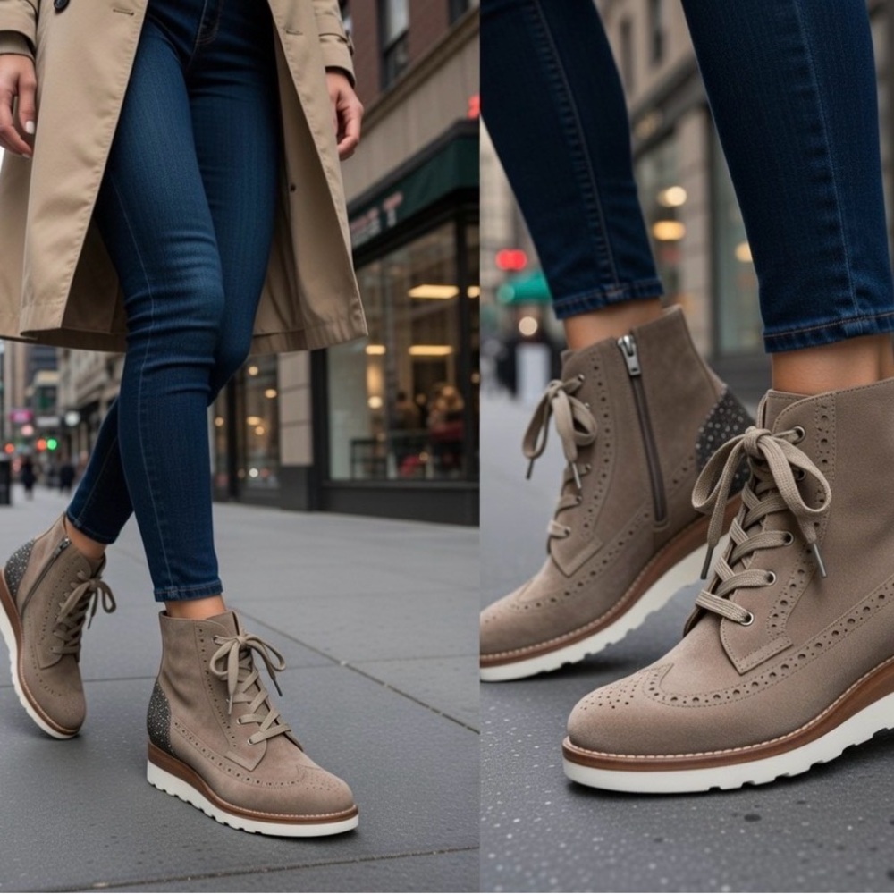 The Office of Angela Scott Mr. Harrison Neutral Lace Up Suede Boots Size 37.5 - Picture 4 of 17